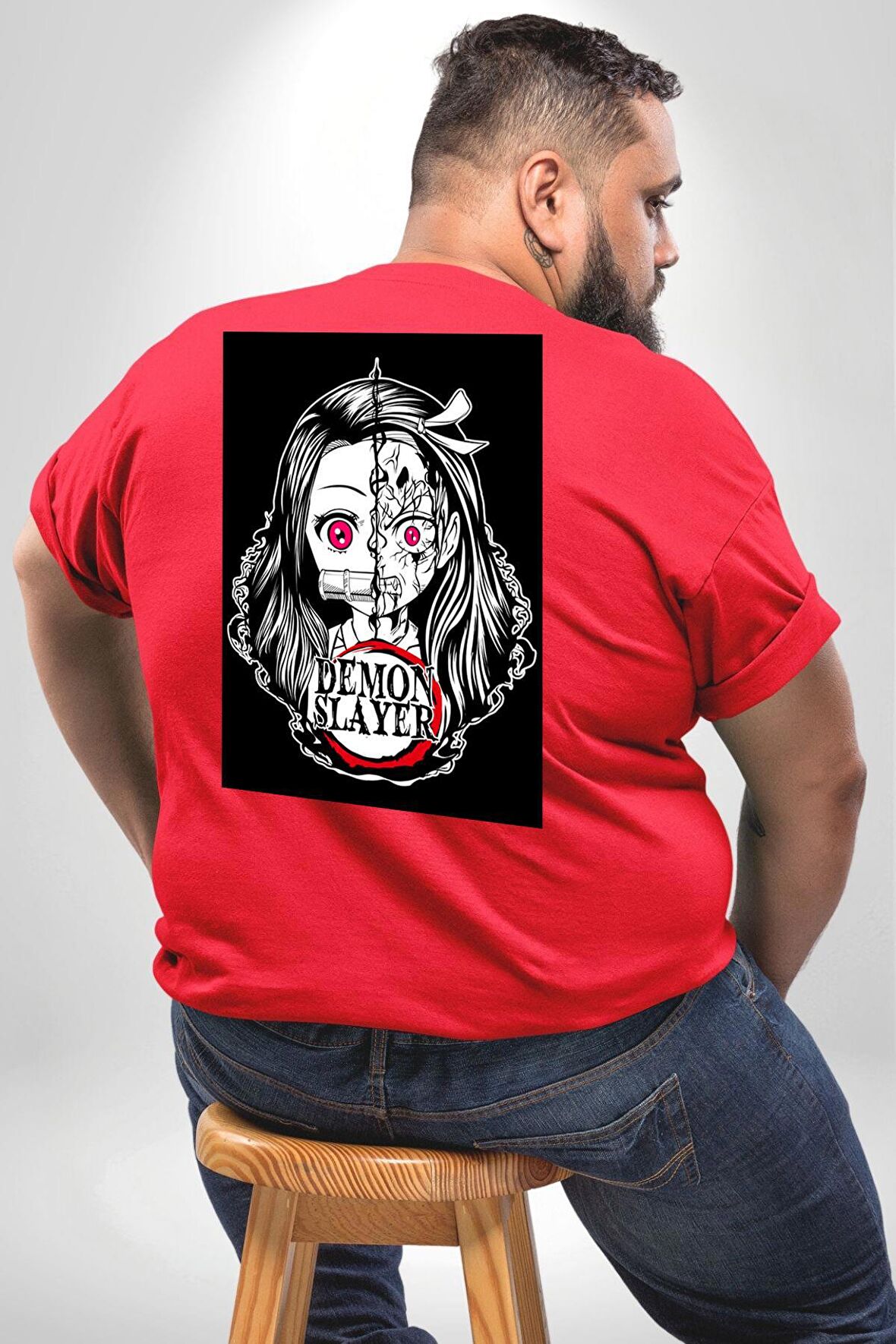 Anime Demon Slayer  Büyük Beden Kırmızı Tişört Kadın Erkek Ünisex Sırt Baskılı