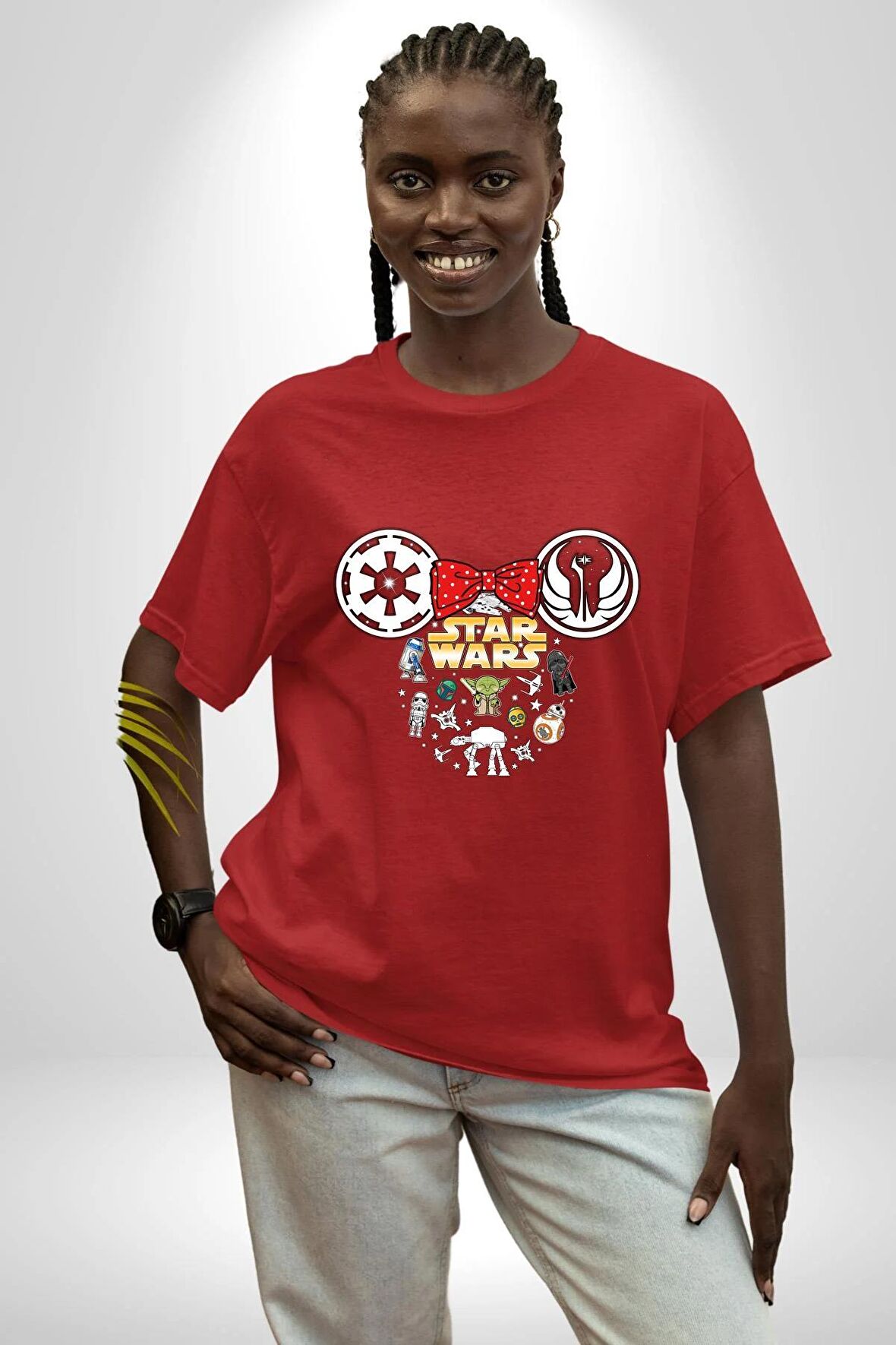 Starwars Miki Karakterleri Pamuklu Bisiklet Yaka Kadın Erkek Oversize Boyfriend Dijital Baskılı Kırmızı T-shirt