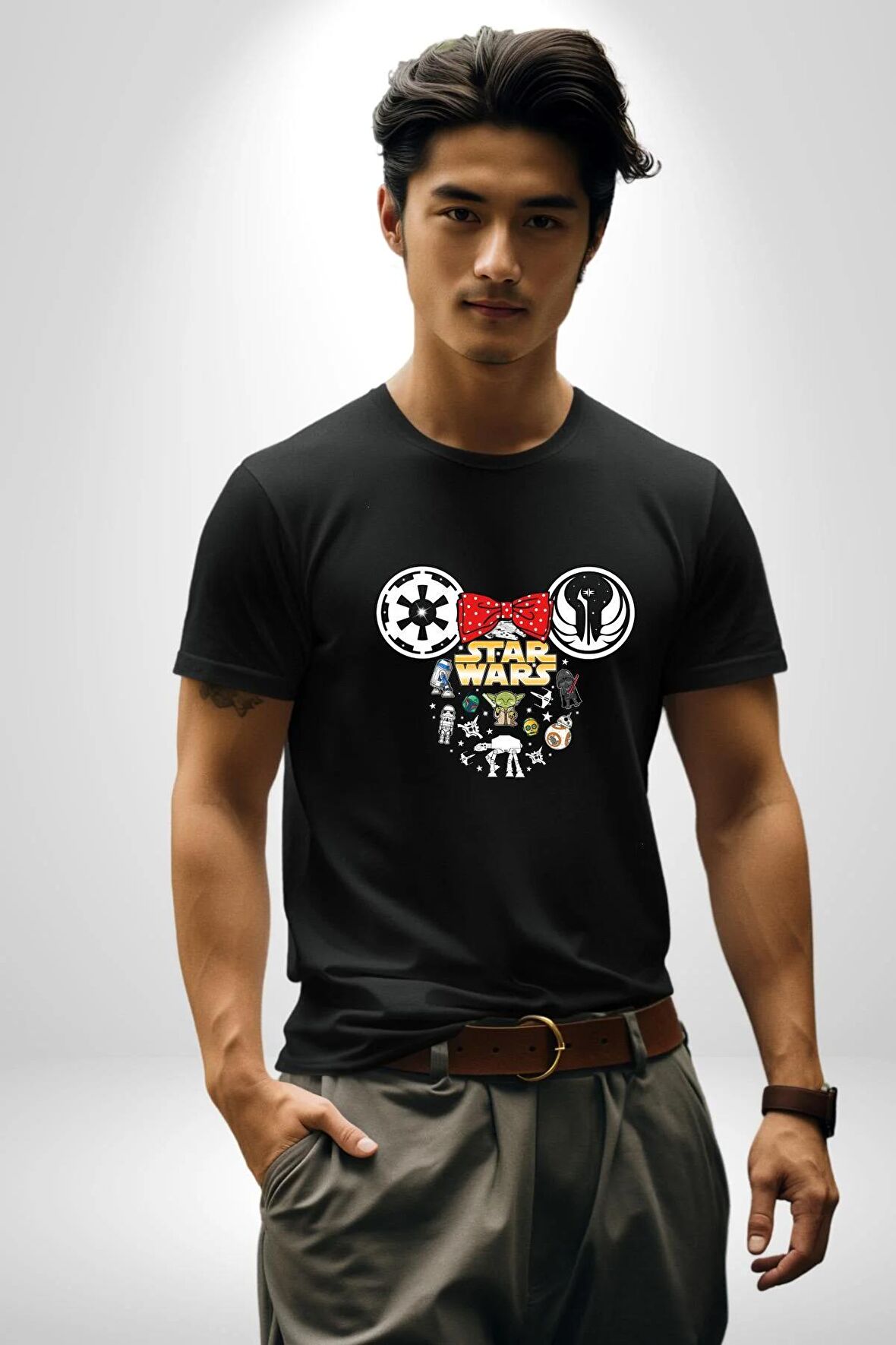 Starwars Miki Karakterleri Kadın Erkek Unisex Siyah Organik Baskılı T-Shirt Penye Yüksek Kalite