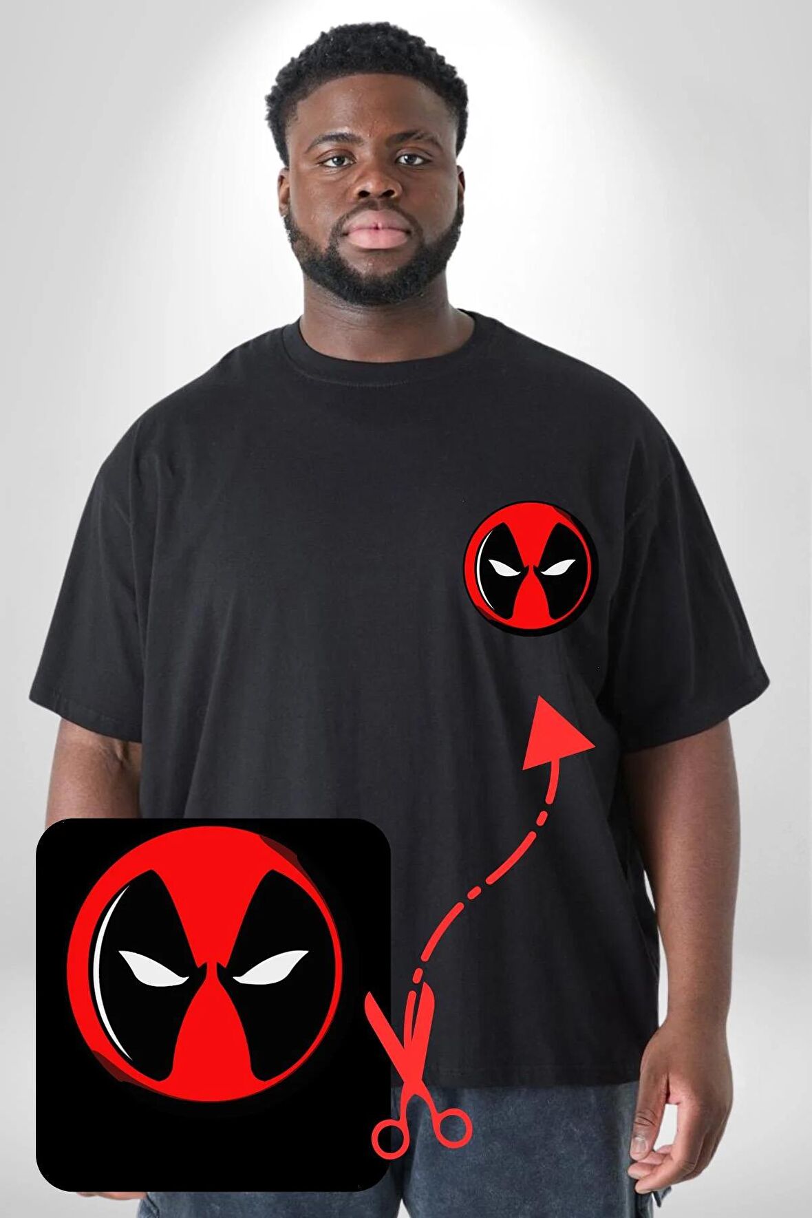 Deadpool Maske Siyah Büyük Beden Kadın Basic Minimal Baskılı Tişört