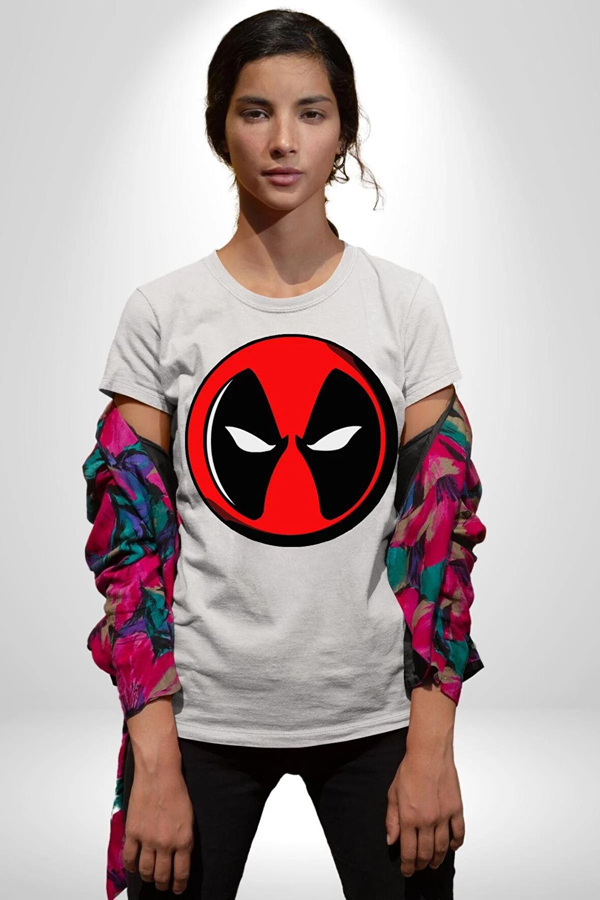 Deadpool Maske Kadın Erkek Unisex Beyaz Organik Baskılı T-Shirt Penye Yüksek Kalite