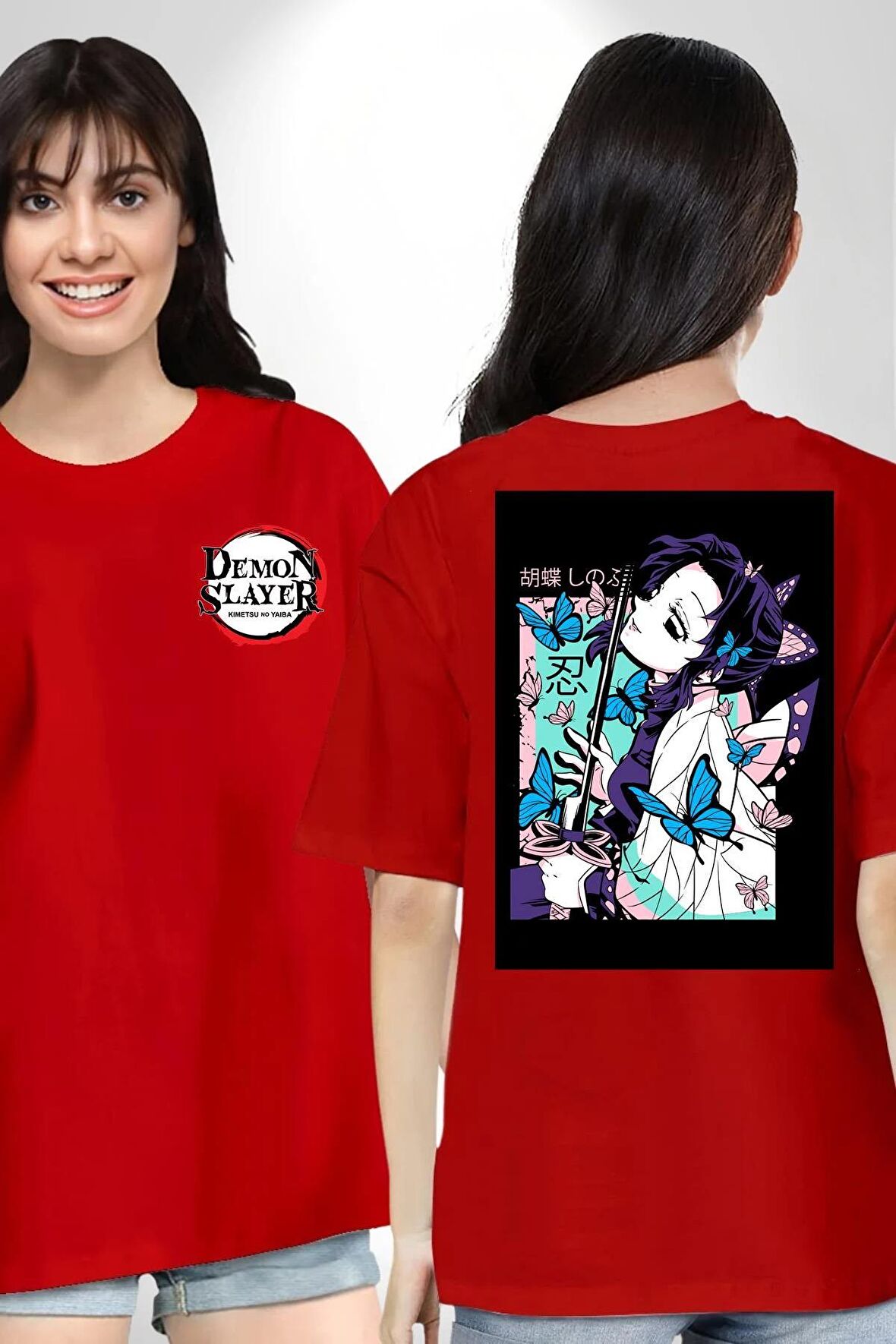 Shinobu Kocho Demon Slayer  Kırmızı Oversize Kadın Erkek Ön ve Sırt Baskılı Tişört