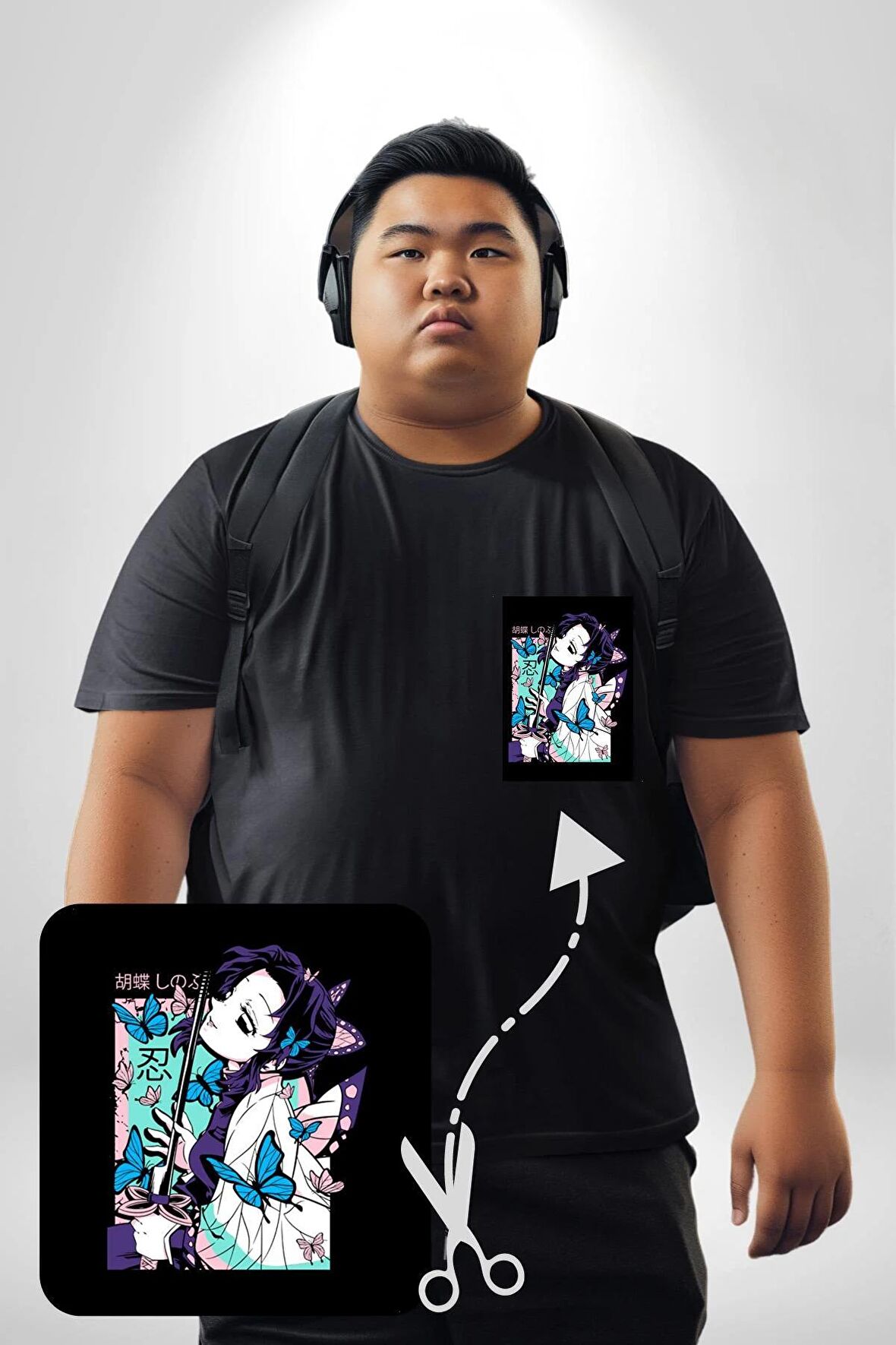 Shinobu Kocho Demon Slayer  Siyah Büyük Beden Kadın Basic Minimal Baskılı Tişört