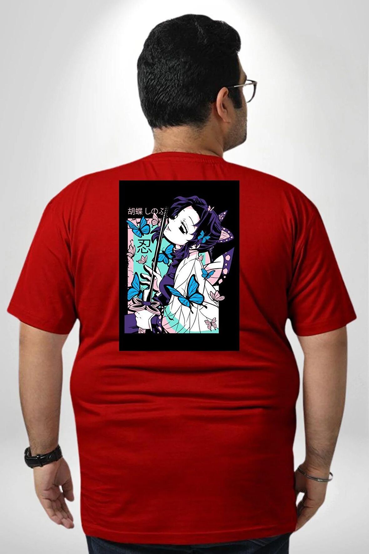Shinobu Kocho Demon Slayer  Büyük Beden Kırmızı Tişört Kadın Erkek Ünisex Sırt Baskılı