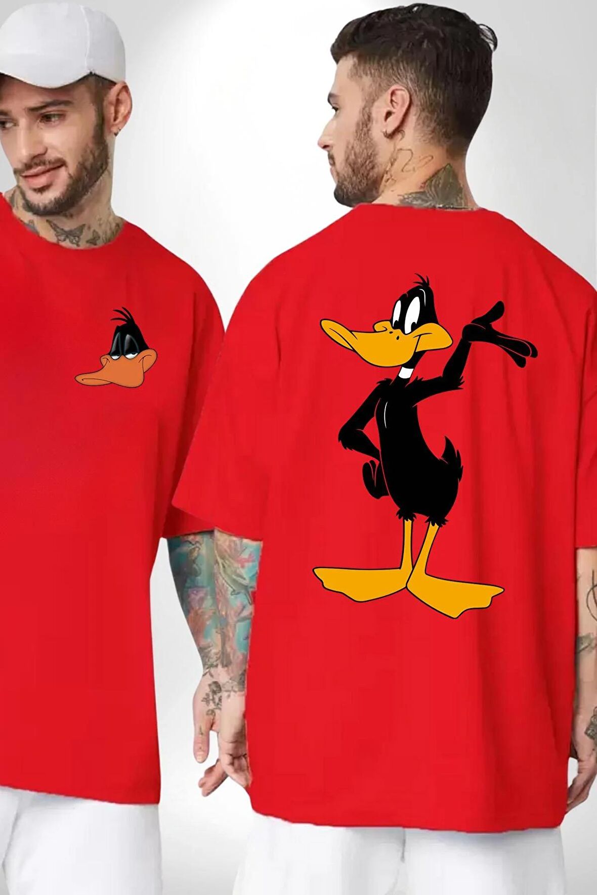 Daffy Duck Donald Duck Daisy Ördek Kırmızı Oversize Kadın Erkek Ön ve Sırt Baskılı Tişört