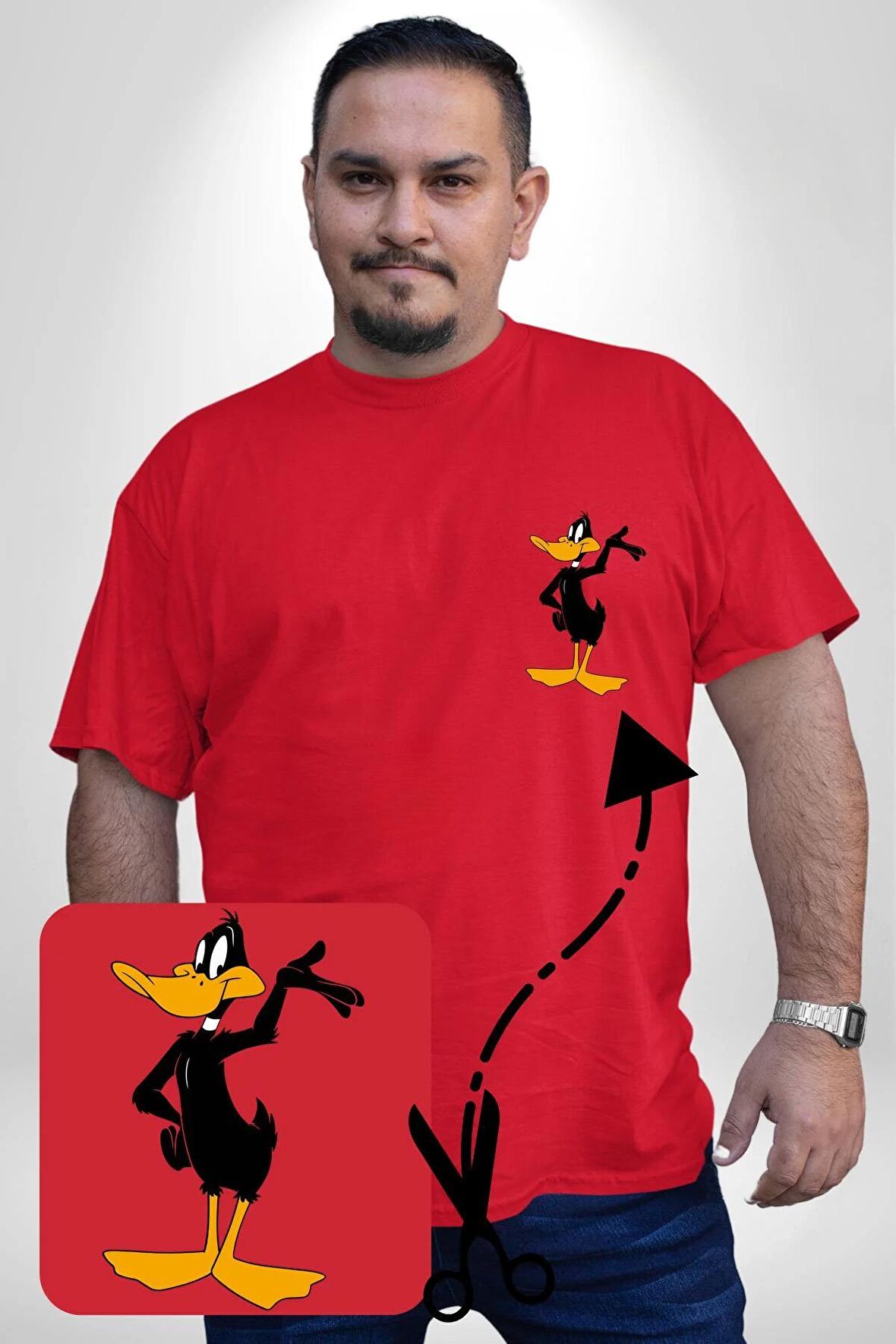 Daffy Duck Donald Duck Daisy Ördek Kırmızı Büyük Beden Kadın Basic Minimal Baskılı Tişört