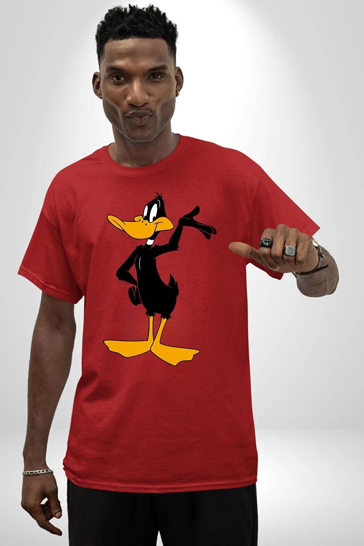 Daffy Duck Donald Duck Daisy Ördek Pamuklu Bisiklet Yaka Kadın Erkek Oversize Boyfriend Dijital Baskılı Kırmızı T-shirt