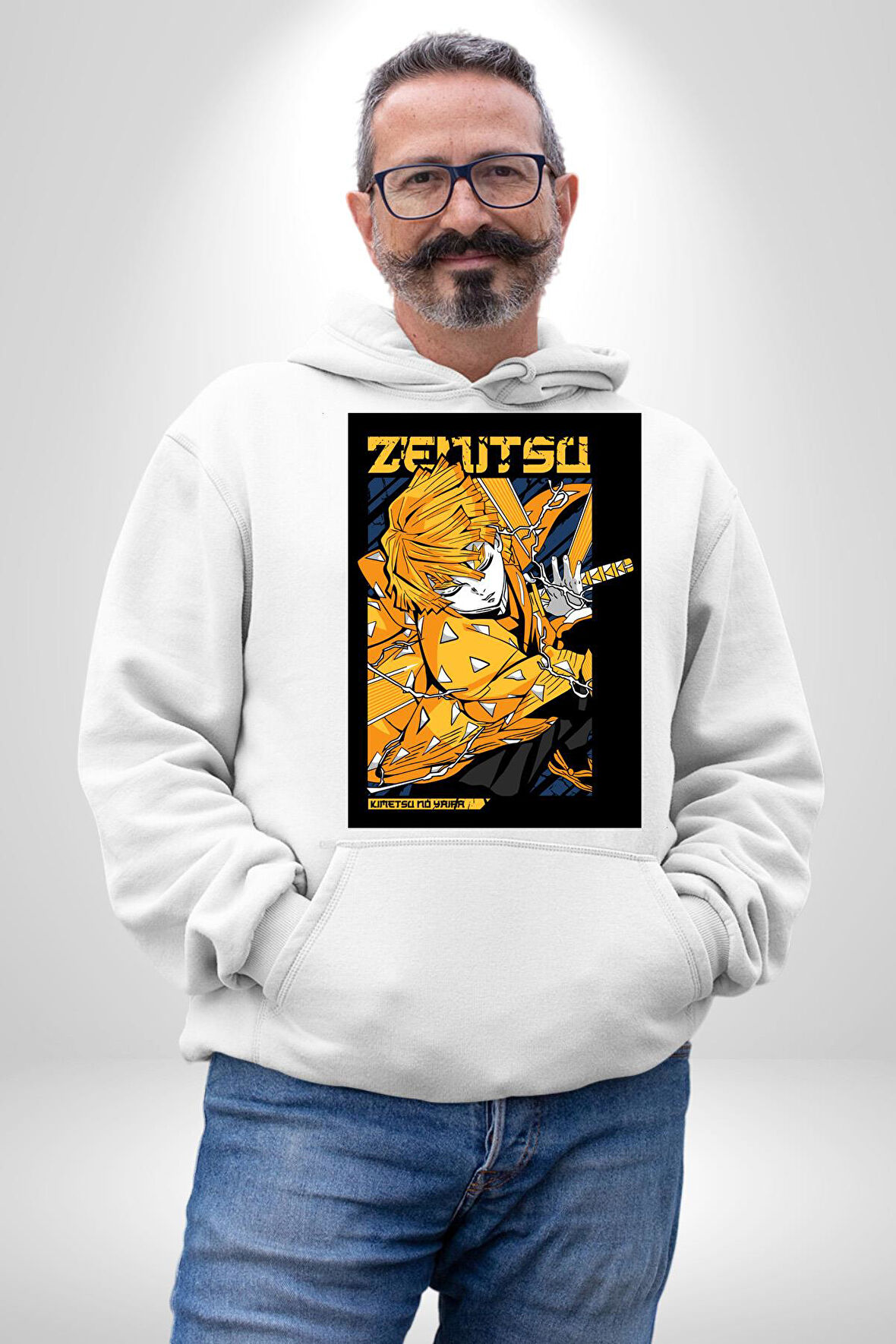 Zenitsu Agatsuma Anime Kadın Erkek  Beyaz Kapüşonlu Sweatshirt Hoodie