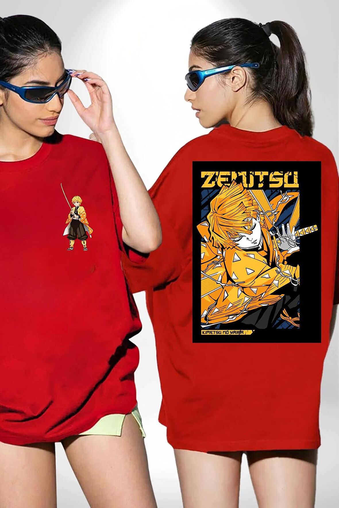 Zenitsu Agatsuma Anime Kırmızı Oversize Kadın Erkek Ön ve Sırt Baskılı Tişört