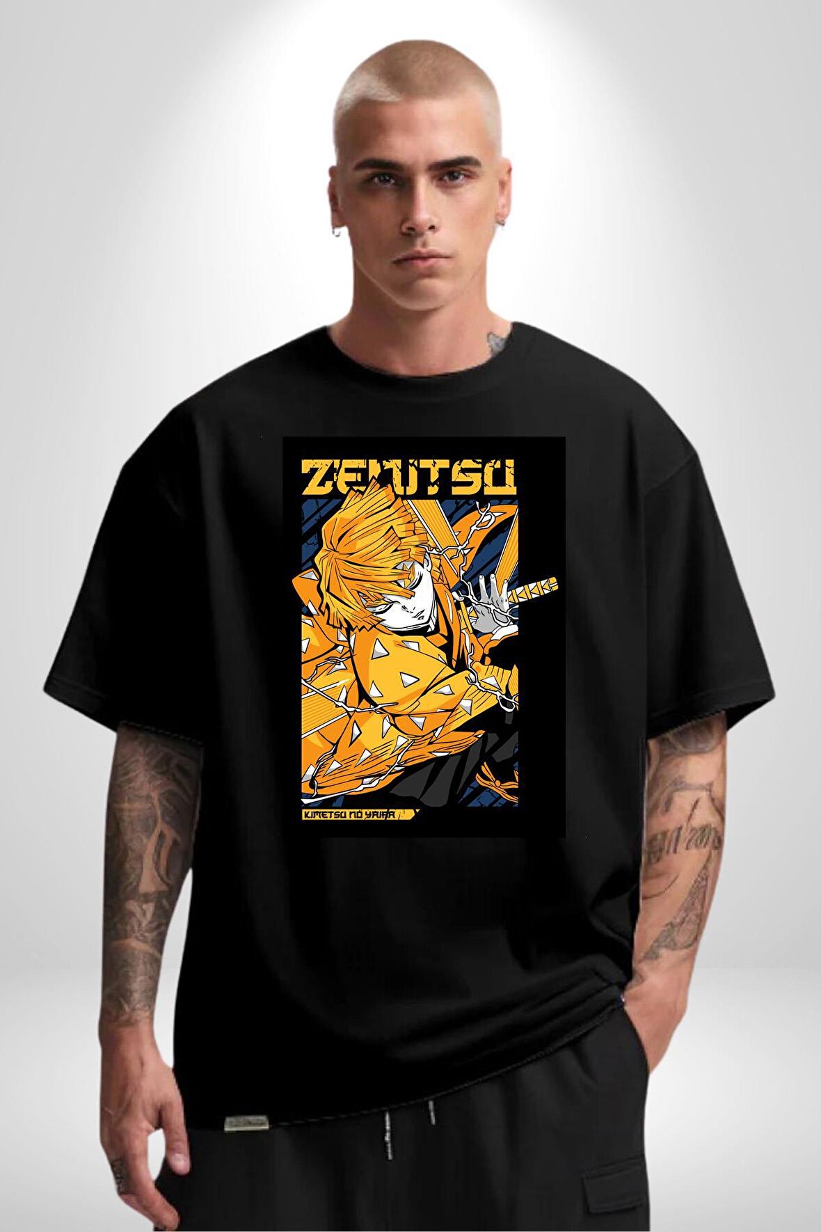 Zenitsu Agatsuma Anime Pamuklu Bisiklet Yaka Kadın Erkek Oversize Boyfriend Dijital Baskılı Siyah T-shirt