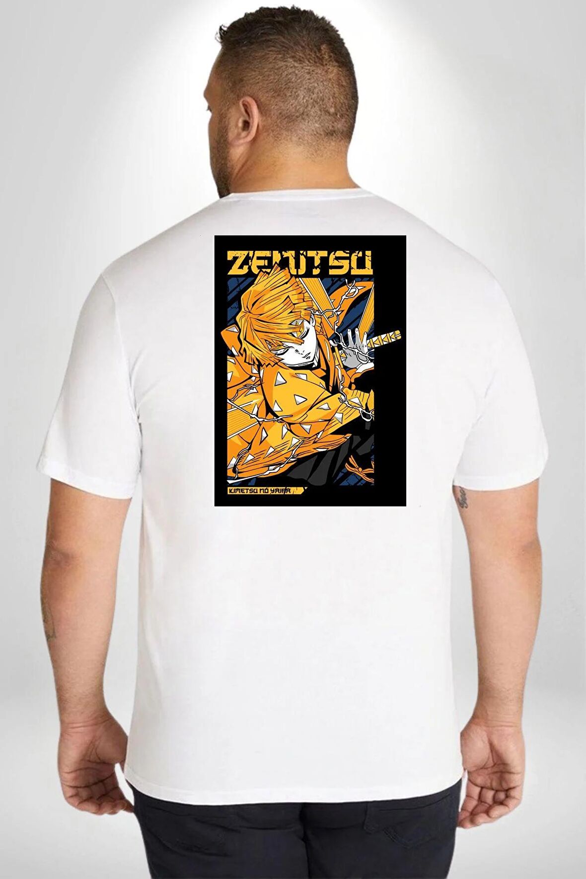 Zenitsu Agatsuma Anime Büyük Beden Beyaz Tişört Kadın Erkek Ünisex Sırt Baskılı