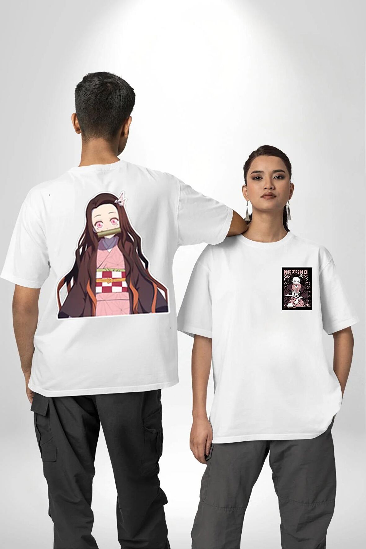 Nezuko Demon Slayer Beyaz Oversize Kadın Erkek Ön ve Sırt Baskılı Tişört