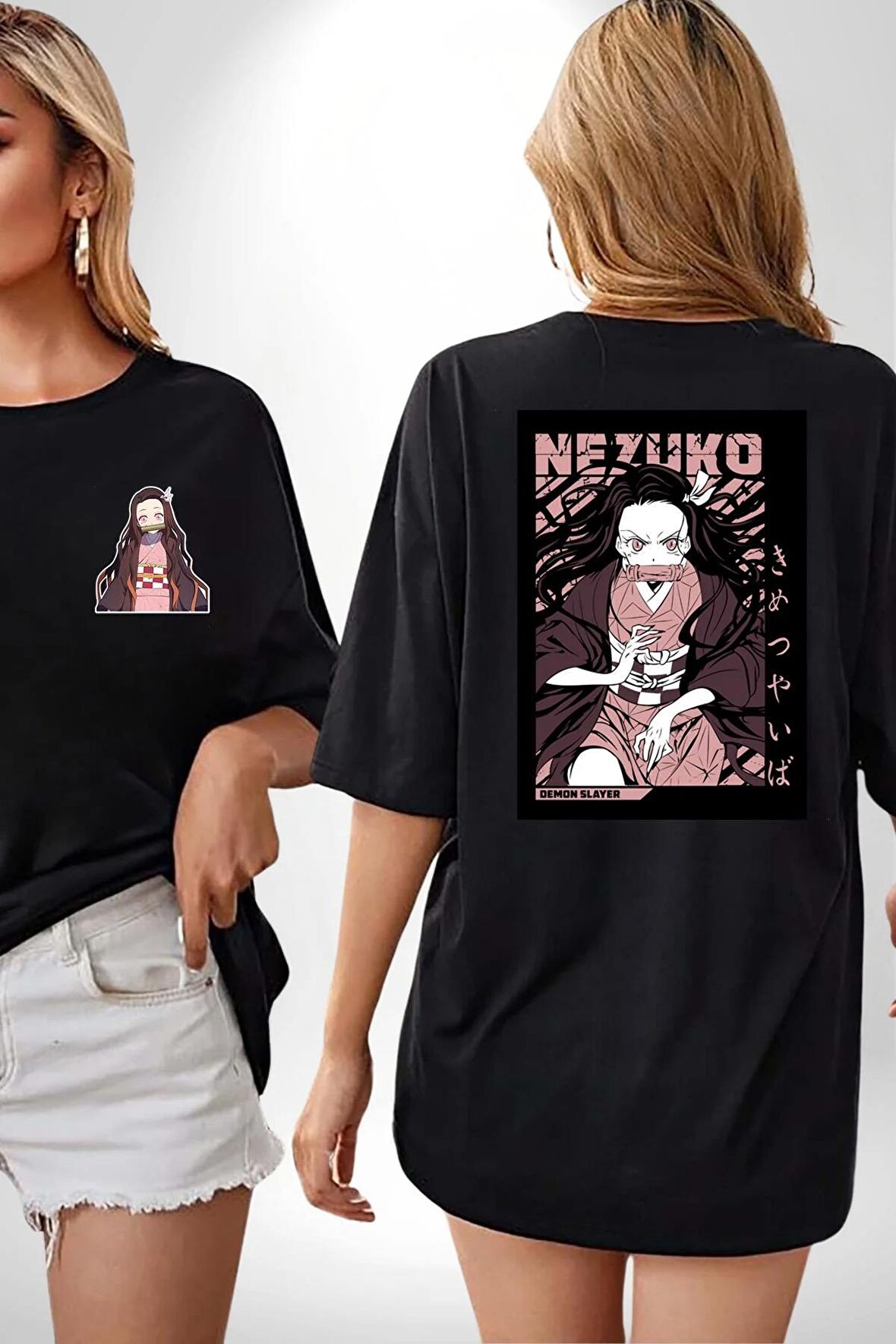 Nezuko Demon Slayer Siyah Oversize Kadın Erkek Ön ve Sırt Baskılı Tişört