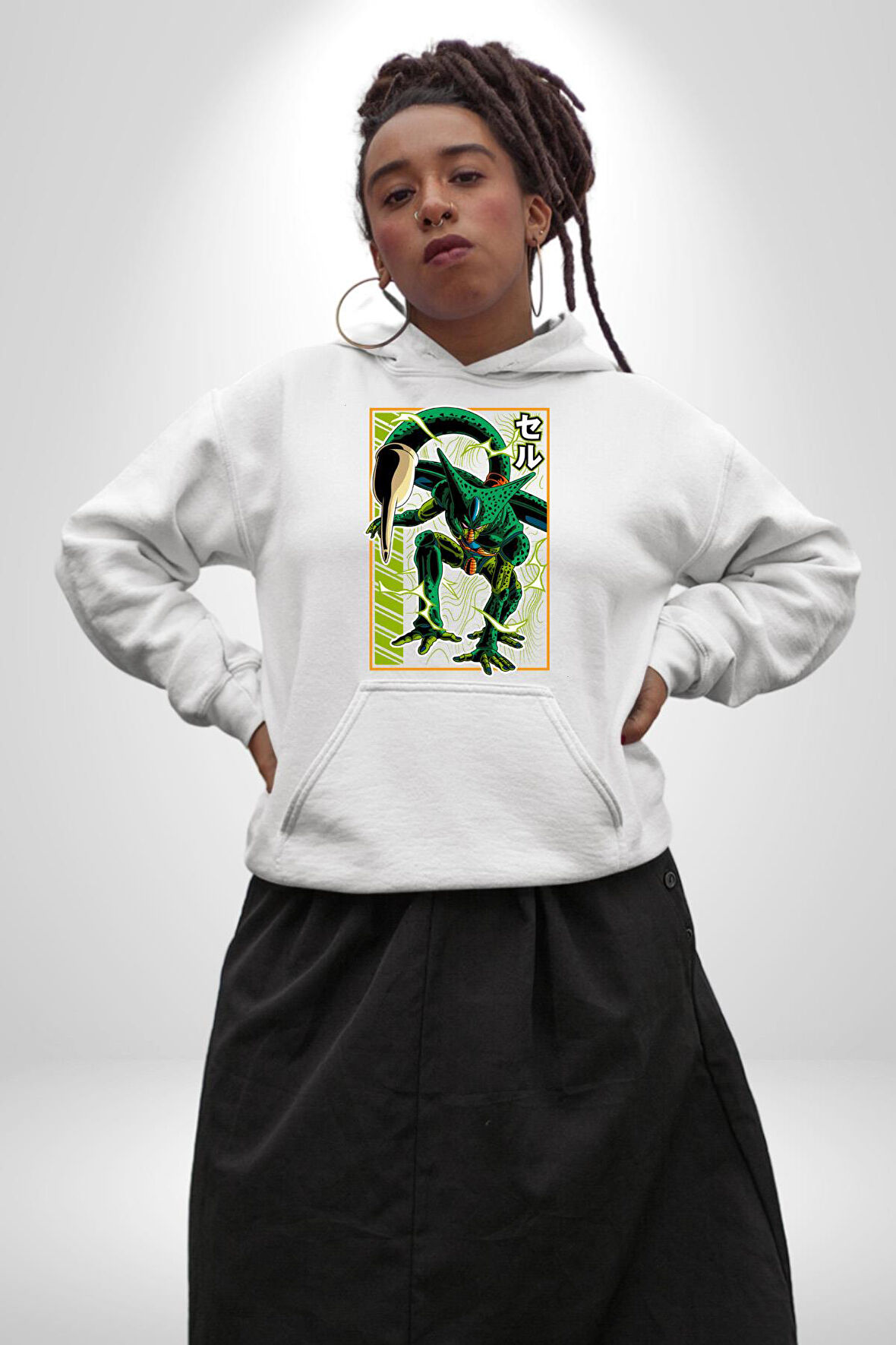 Anime DragonBall Cell Kadın Erkek  Beyaz Kapüşonlu Sweatshirt Hoodie