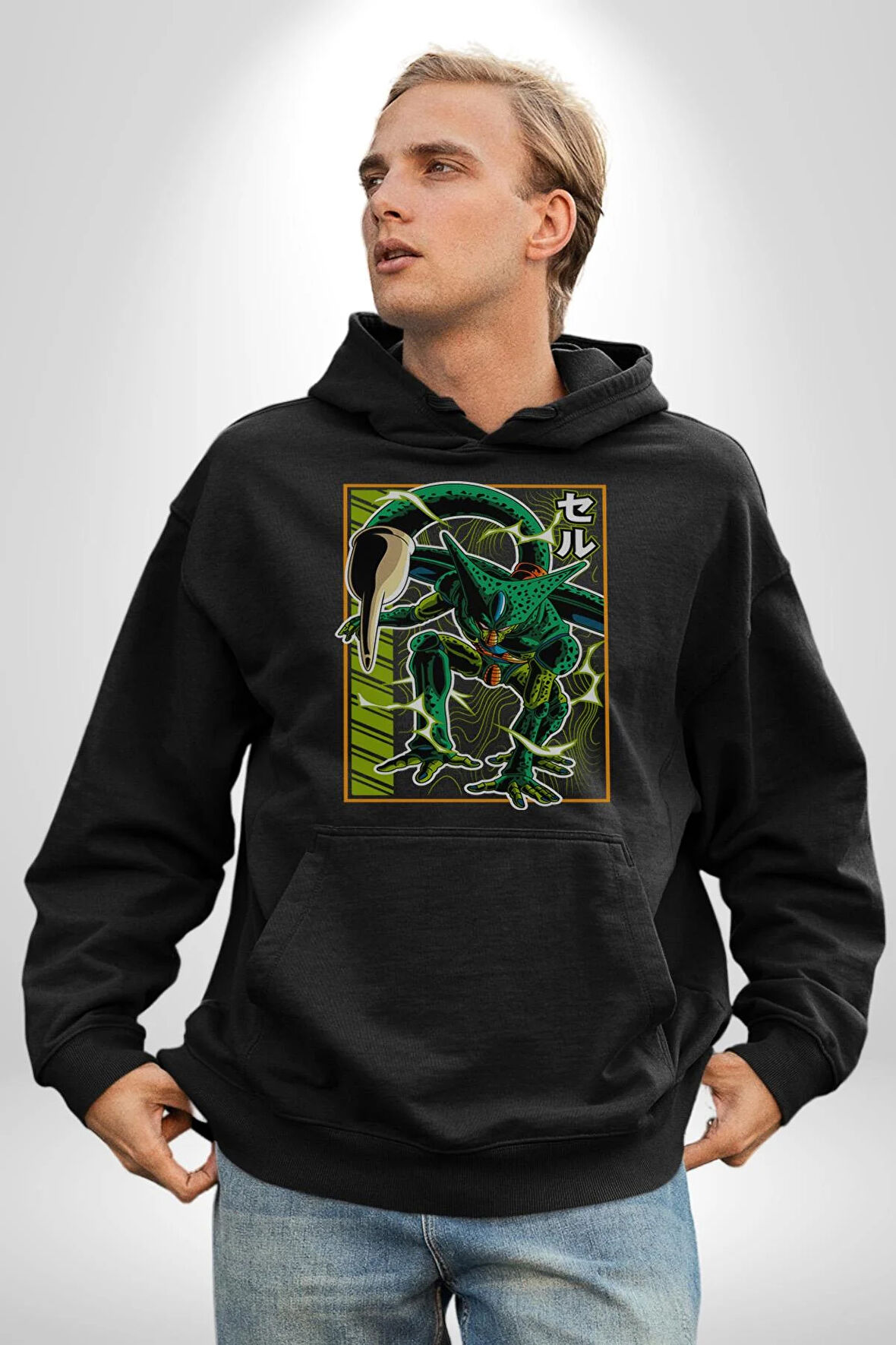 Anime DragonBall Cell Kadın Erkek  Siyah Kapüşonlu Sweatshirt Hoodie