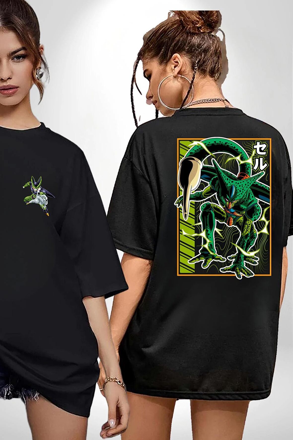 Anime DragonBall Cell Siyah Oversize Kadın Erkek Ön ve Sırt Baskılı Tişört