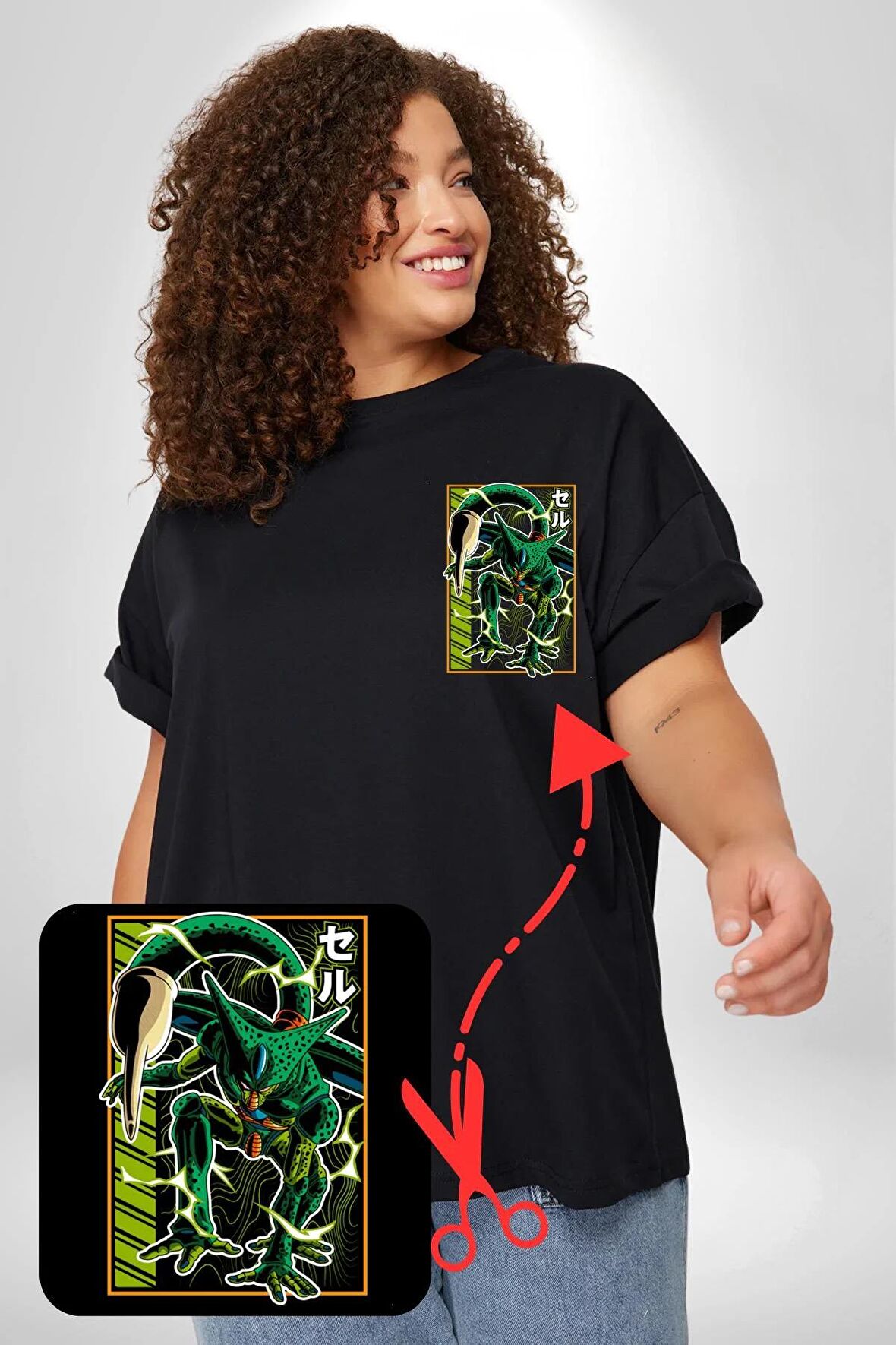 Anime DragonBall Cell Siyah Büyük Beden Kadın Basic Minimal Baskılı Tişört