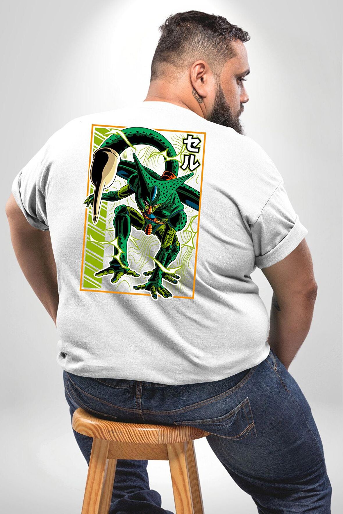 Anime DragonBall Cell Büyük Beden Beyaz Tişört Kadın Erkek Ünisex Sırt Baskılı
