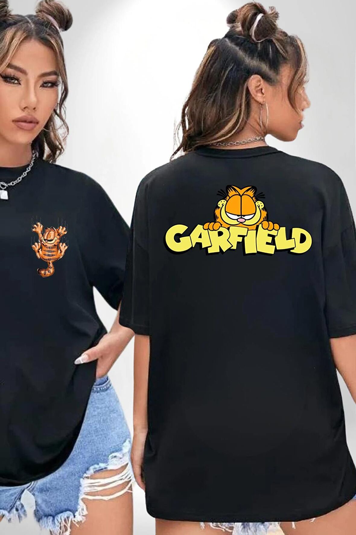 Garfield Siyah Oversize Kadın Erkek Ön ve Sırt Baskılı Tişört