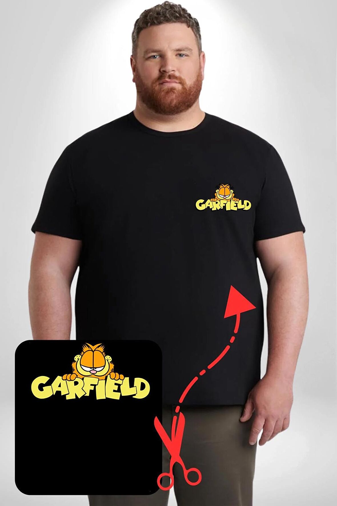 Garfield Siyah Büyük Beden Kadın Basic Minimal Baskılı Tişört