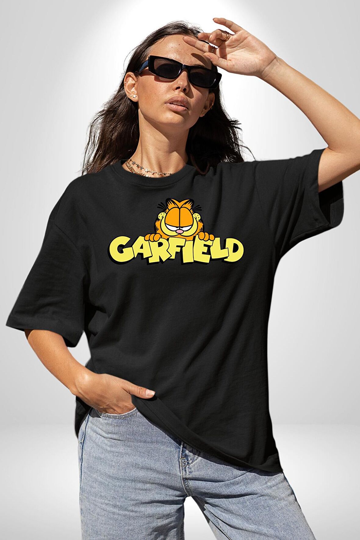 Garfield Pamuklu Bisiklet Yaka Kadın Erkek Oversize Boyfriend Dijital Baskılı Siyah T-shirt
