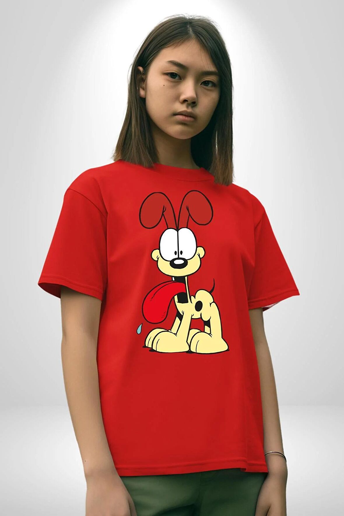 Odie Köpek Pamuklu Bisiklet Yaka Kadın Erkek Oversize Boyfriend Dijital Baskılı Kırmızı T-shirt
