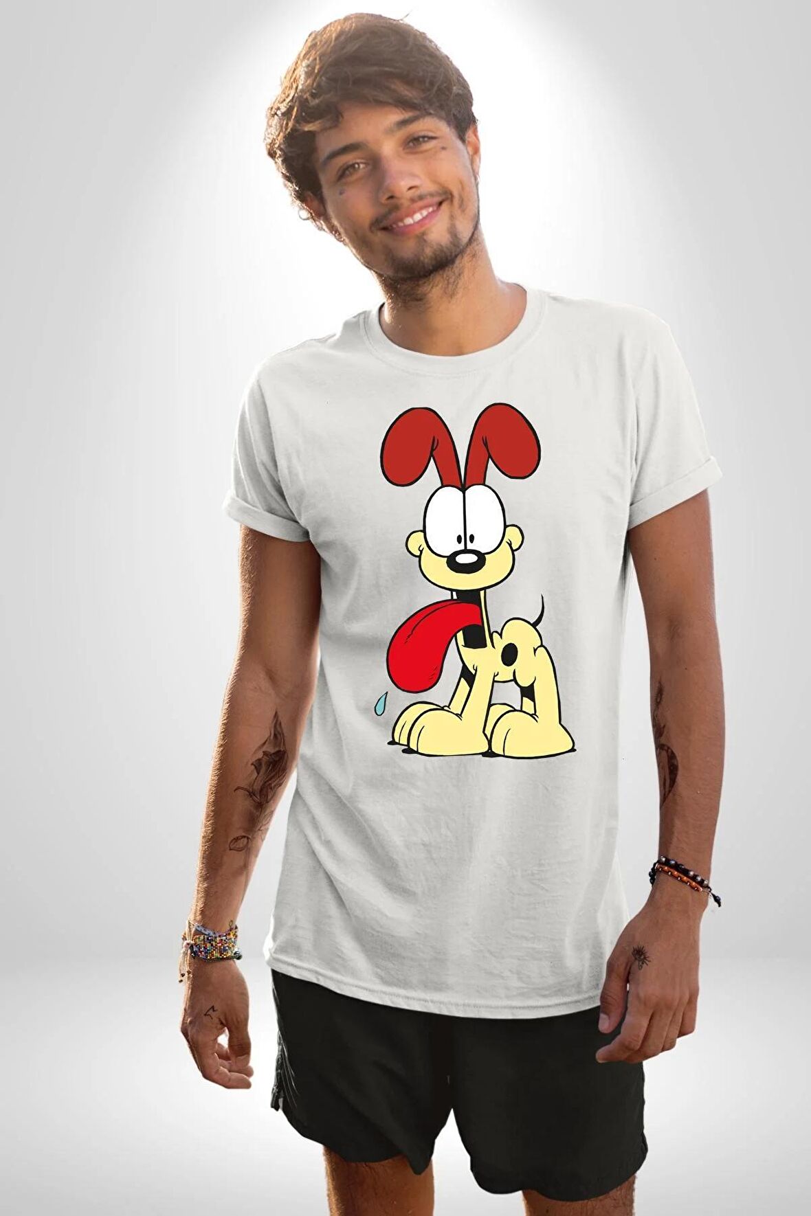 Odie Köpek Kadın Erkek Unisex Beyaz Organik Baskılı T-Shirt Penye Yüksek Kalite