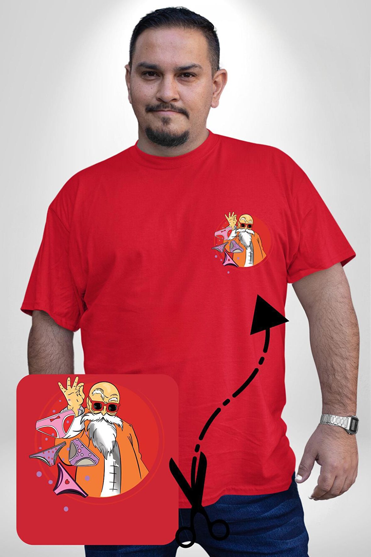 Roşi Usta Dragon Ball Anime Roshi Kırmızı Büyük Beden Kadın Basic Minimal Baskılı Tişört