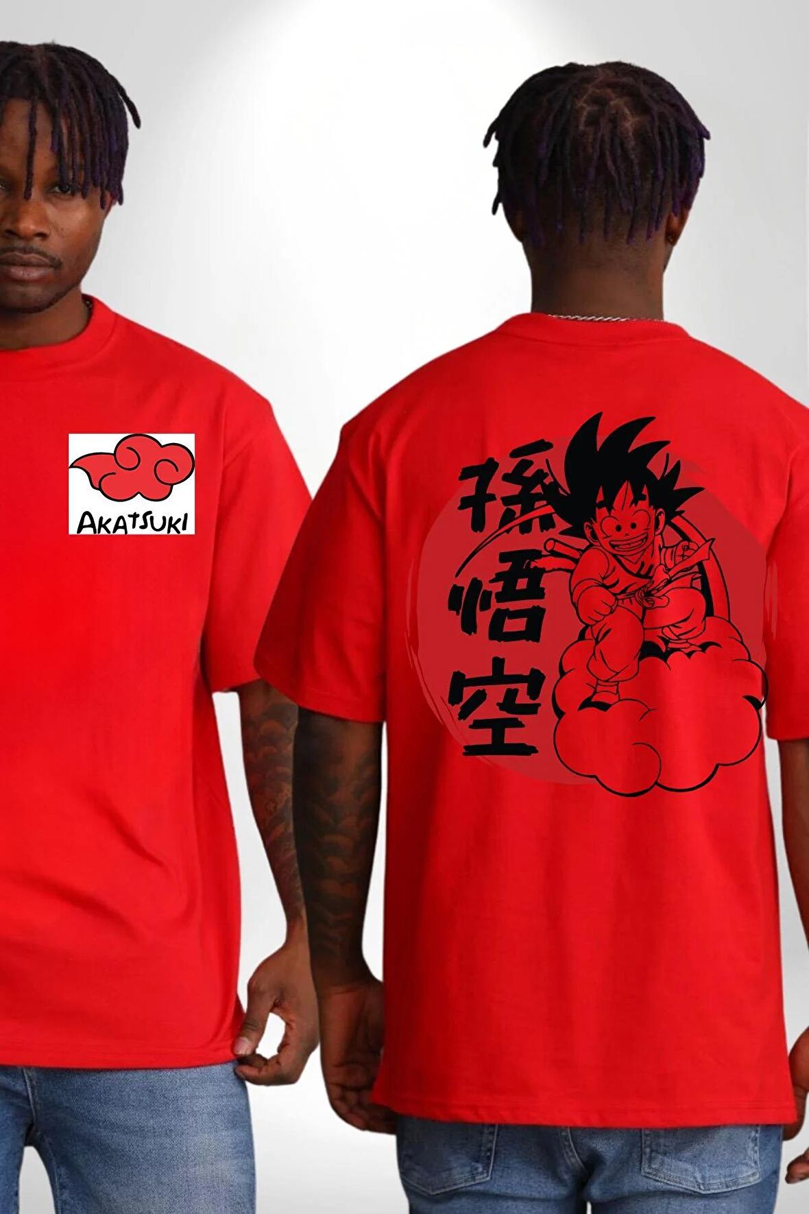 Drogon Ball Goku Anime Kırmızı Oversize Kadın Erkek Ön ve Sırt Baskılı Tişört