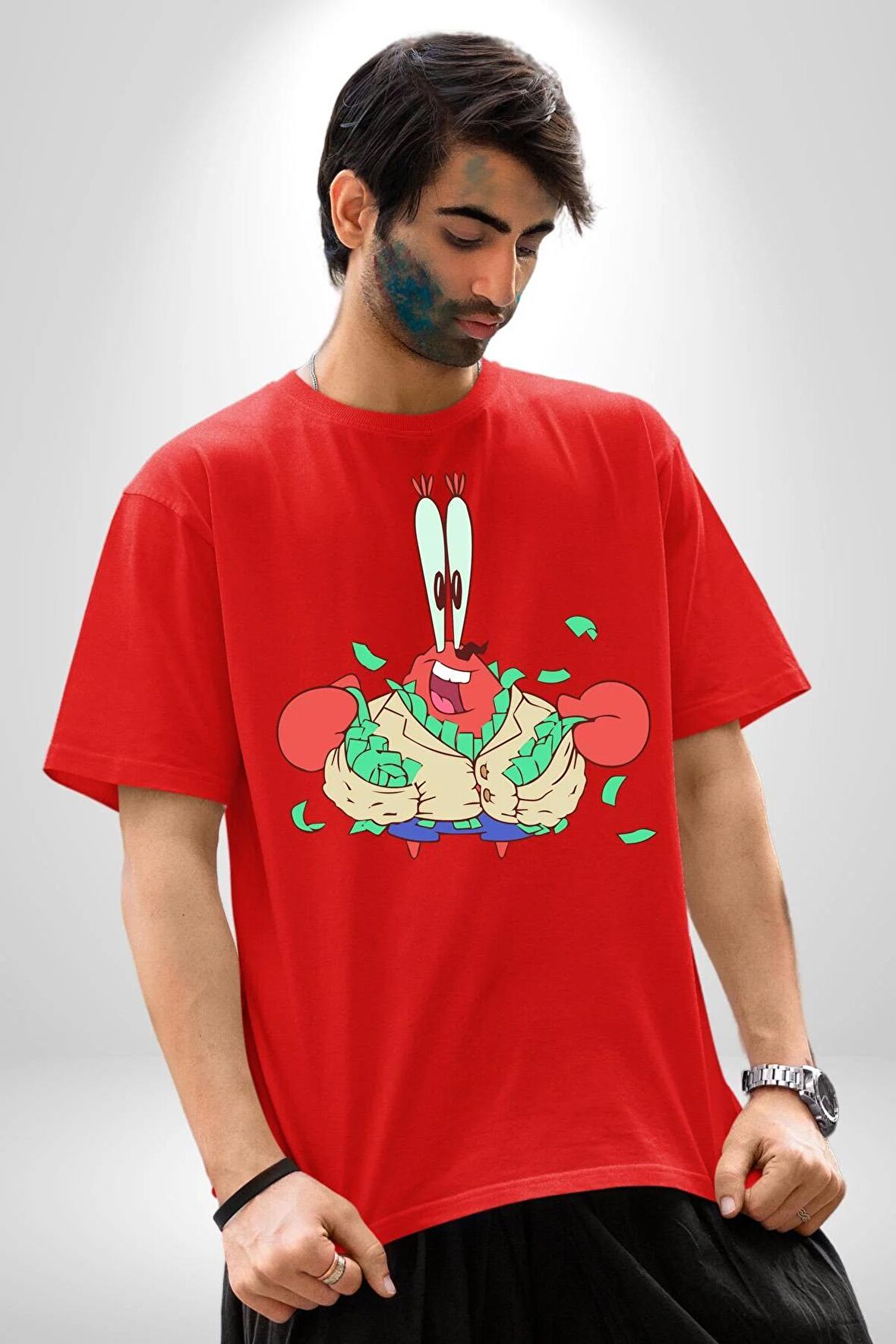 Mr Krabs Spongebob Zengin Pamuklu Bisiklet Yaka Kadın Erkek Oversize Boyfriend Dijital Baskılı Kırmızı T-shirt