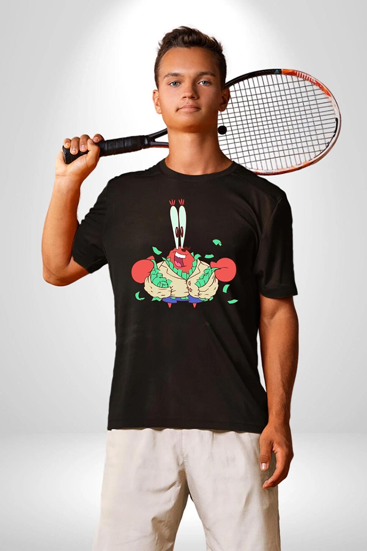 Mr Krabs Spongebob Zengin Kadın Erkek Unisex Siyah Organik Baskılı T-Shirt Penye Yüksek Kalite