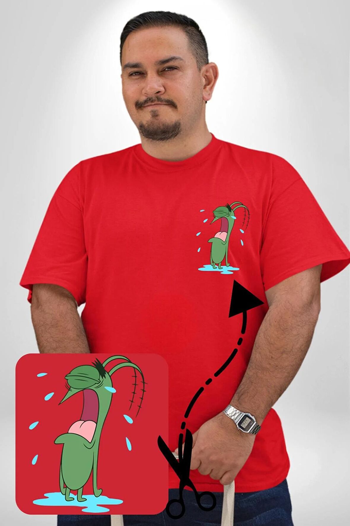 Plankton SpongeBob Kırmızı Büyük Beden Kadın Basic Minimal Baskılı Tişört