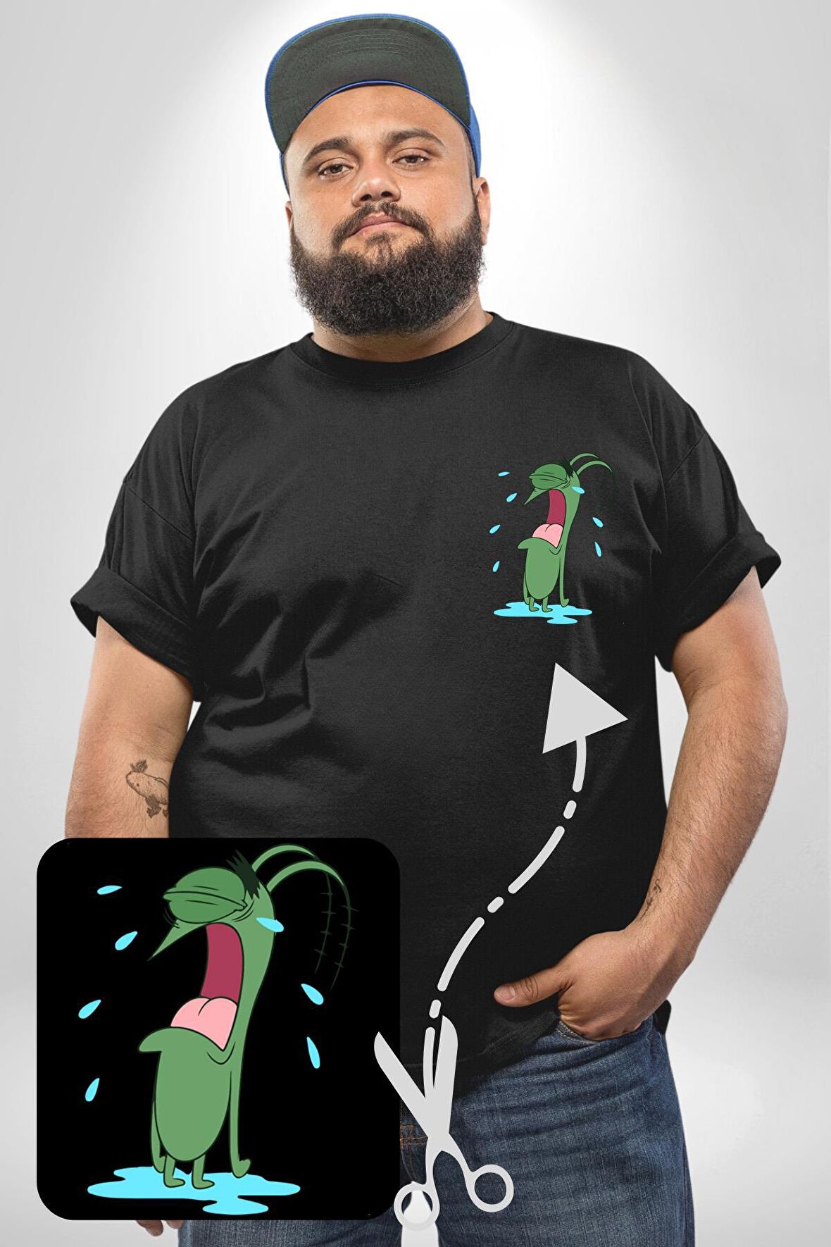 Plankton SpongeBob Siyah Büyük Beden Kadın Basic Minimal Baskılı Tişört