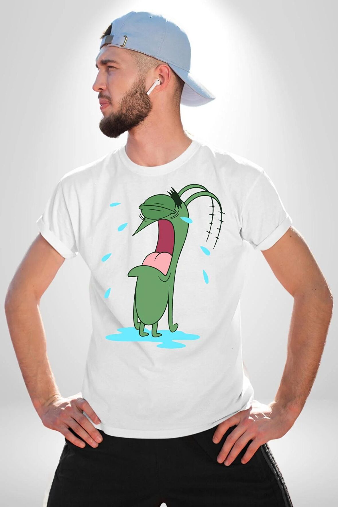 Plankton SpongeBob Kadın Erkek Unisex Beyaz Organik Baskılı T-Shirt Penye Yüksek Kalite