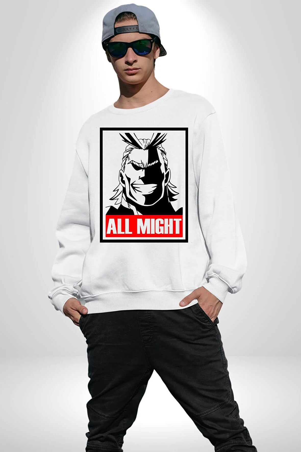 All Might Lahramanlık Akademim Anime Kadın Erkek Beyaz Sweatshirt 