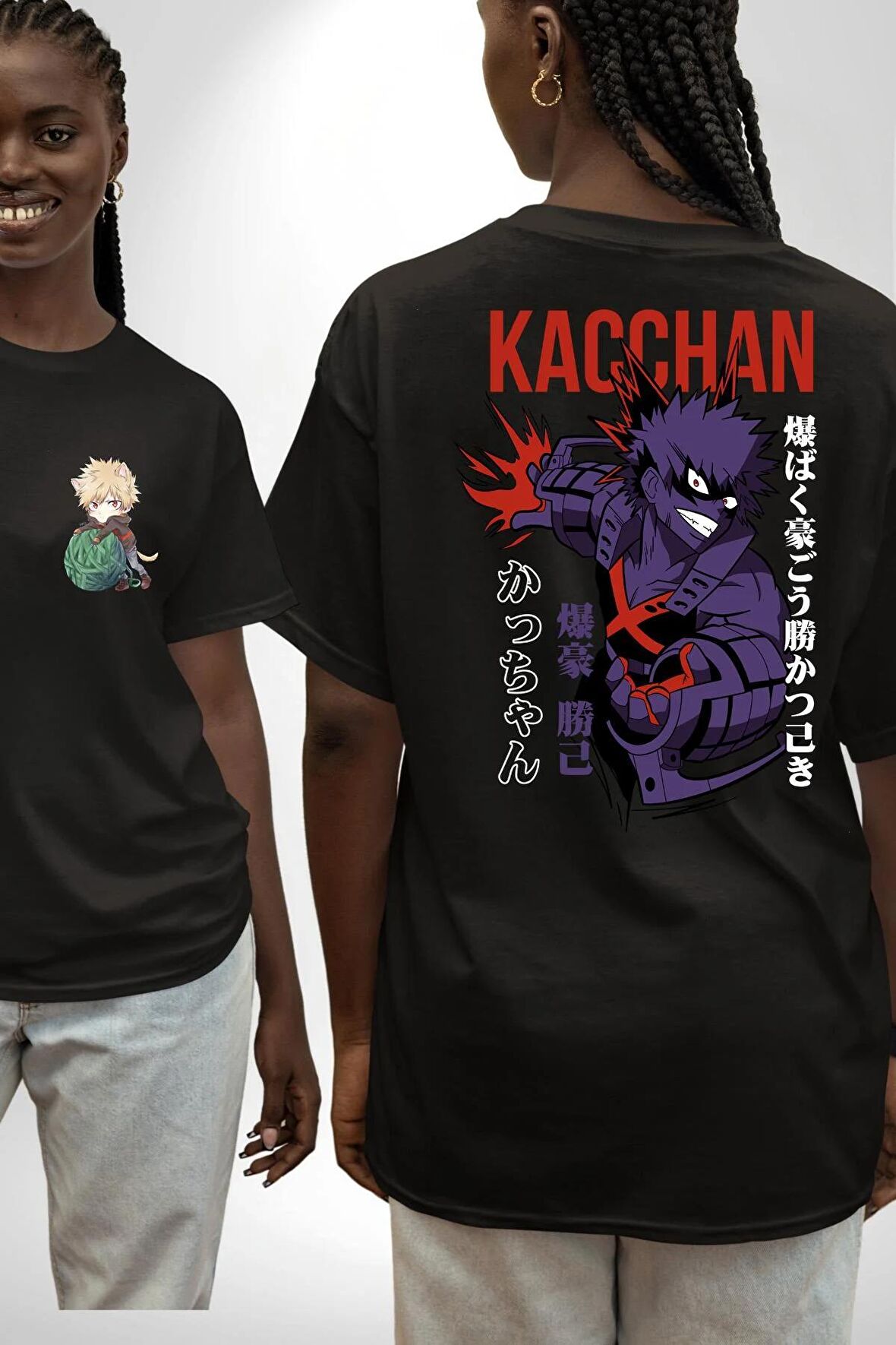 Kasuki Bakugo Anime  Siyah Oversize Kadın Erkek Ön ve Sırt Baskılı Tişört
