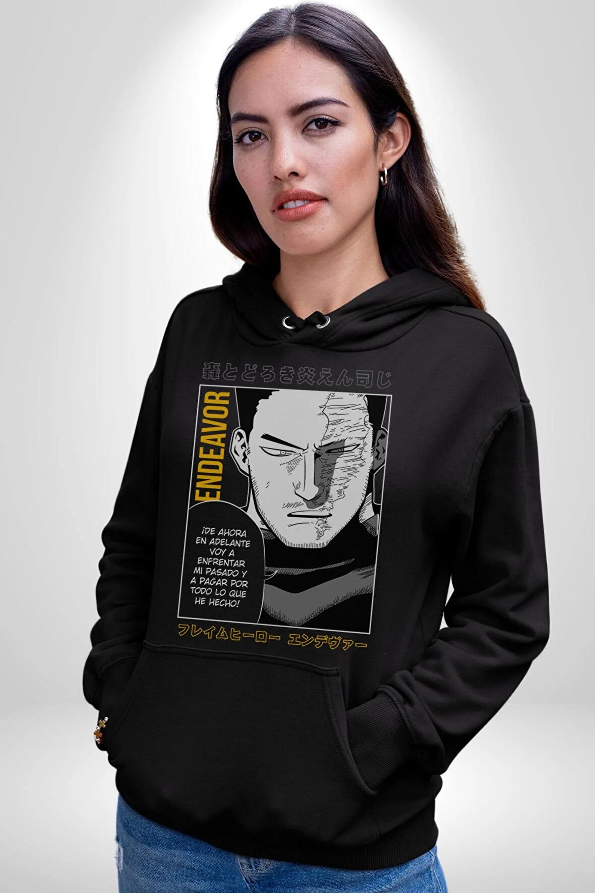 Enji Todoroki Manga Kadın Erkek  Siyah Kapüşonlu Sweatshirt Hoodie