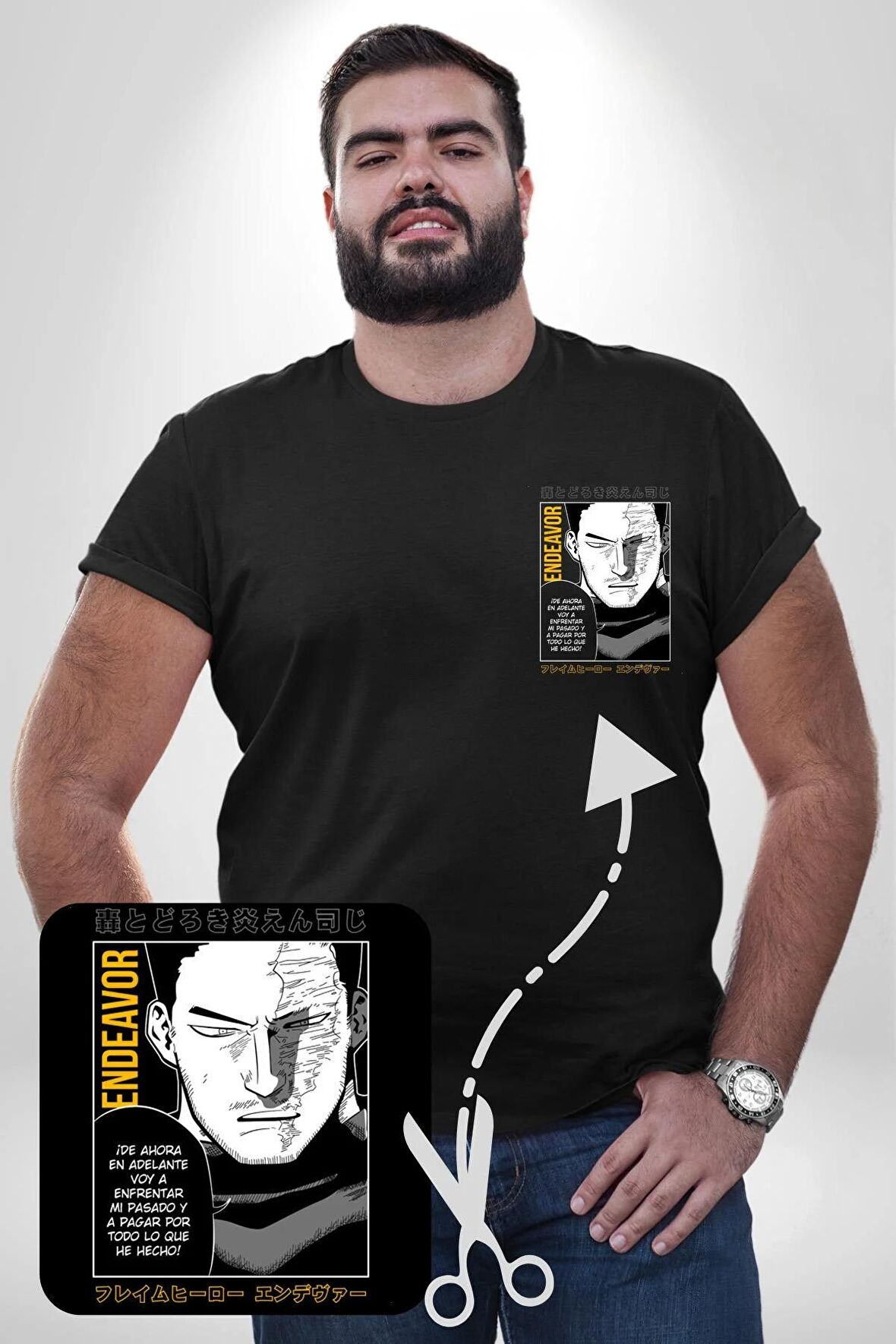 Enji Todoroki Manga Siyah Büyük Beden Kadın Basic Minimal Baskılı Tişört