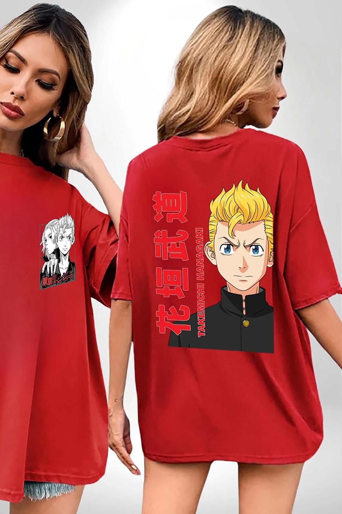 Takemichi Hanagaki Anime Tv Series Tokyo Revengers Kırmızı Oversize Kadın Erkek Ön ve Sırt Baskılı Tişört