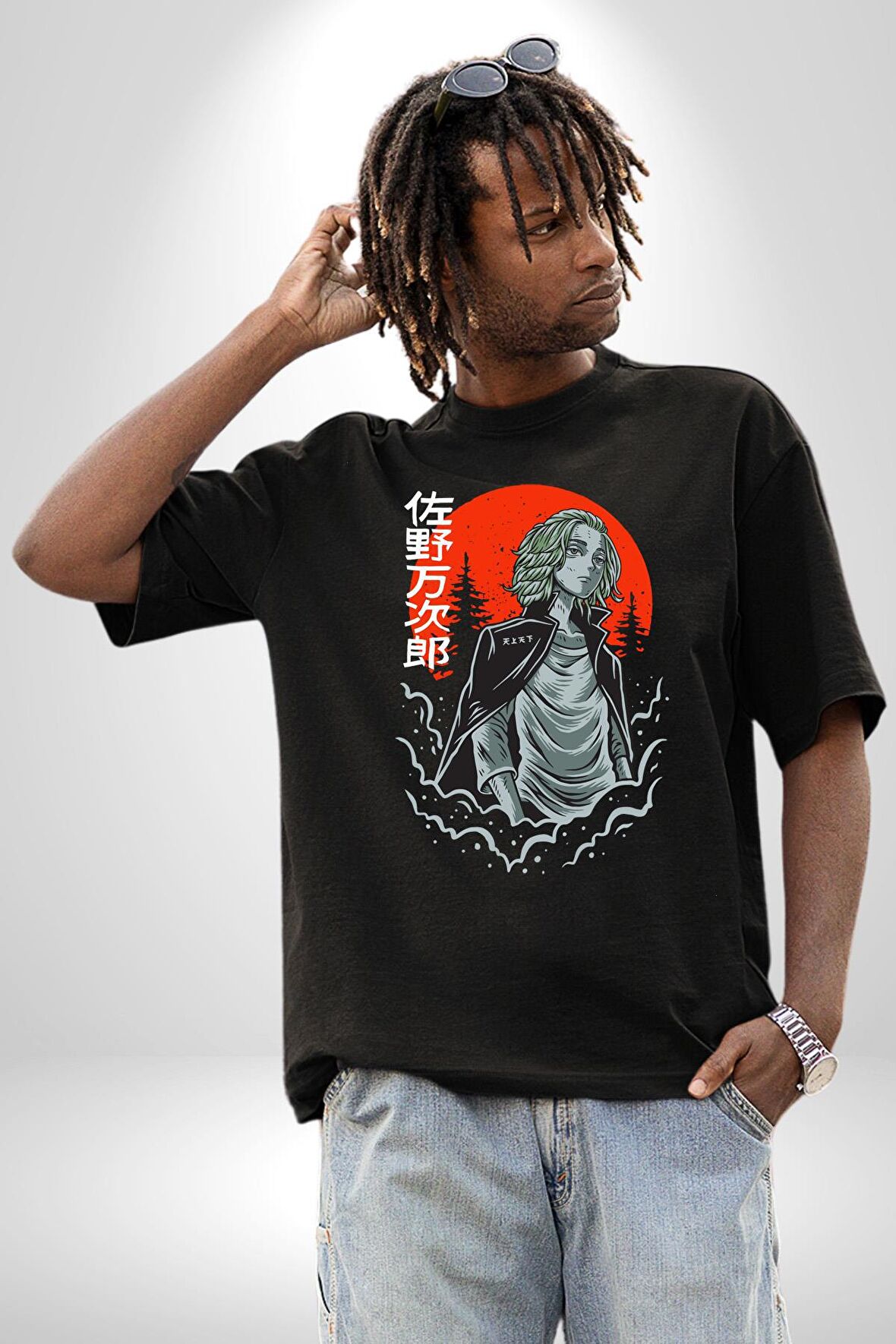 Tokyo Ghoul Ken Kaneki Anime Pamuklu Bisiklet Yaka Kadın Erkek Oversize Boyfriend Dijital Baskılı Siyah T-shirt