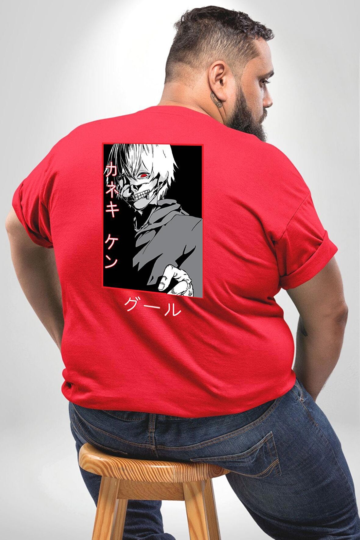 Kaneki Ken Kuma Japon Anime Şeytan Büyük Beden Kırmızı Tişört Kadın Erkek Ünisex Sırt Baskılı