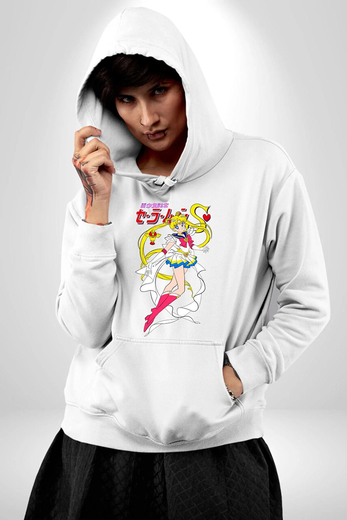 Sailor Moon Anime Usagi Tsukino Kadın Erkek  Beyaz Kapüşonlu Sweatshirt Hoodie