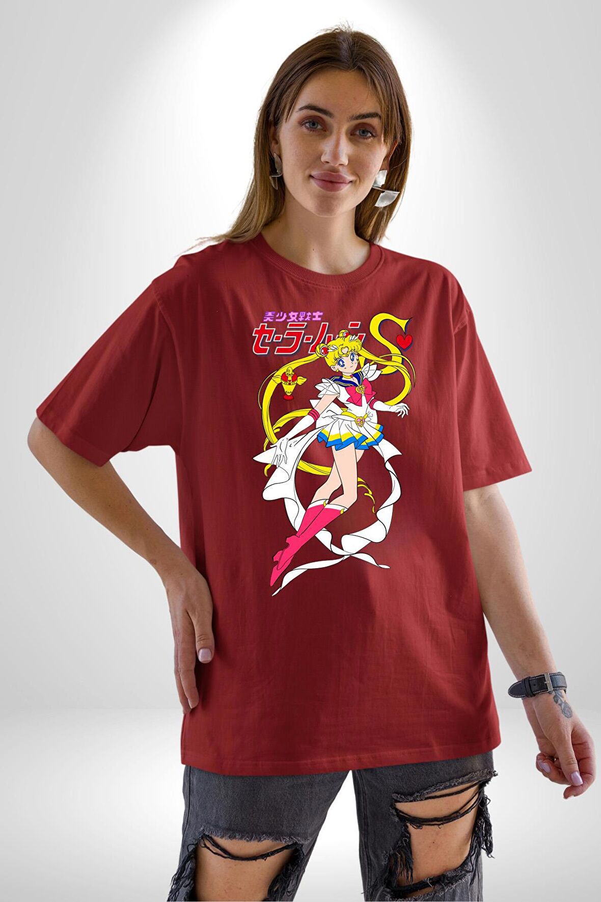 Sailor Moon Anime Usagi Tsukino Pamuklu Bisiklet Yaka Kadın Erkek Oversize Boyfriend Dijital Baskılı Kırmızı T-shirt