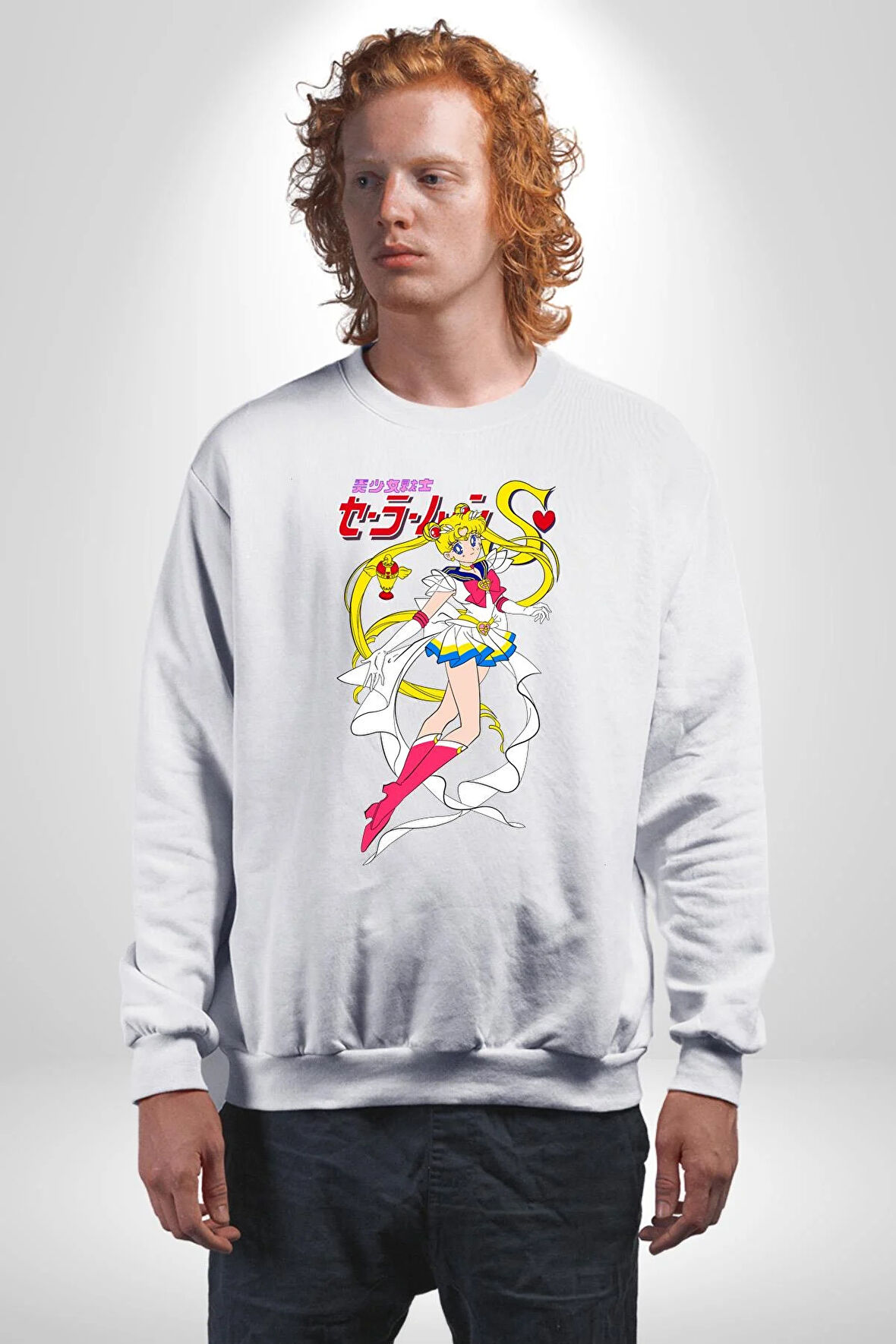 Sailor Moon Anime Usagi Tsukino Kadın Erkek Beyaz Sweatshirt 