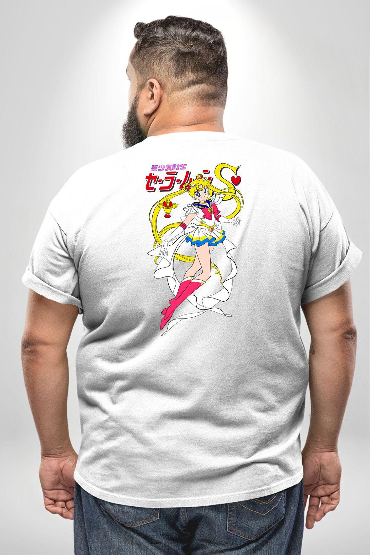 Sailor Moon Anime Usagi Tsukino Büyük Beden Beyaz Tişört Kadın Erkek Ünisex Sırt Baskılı