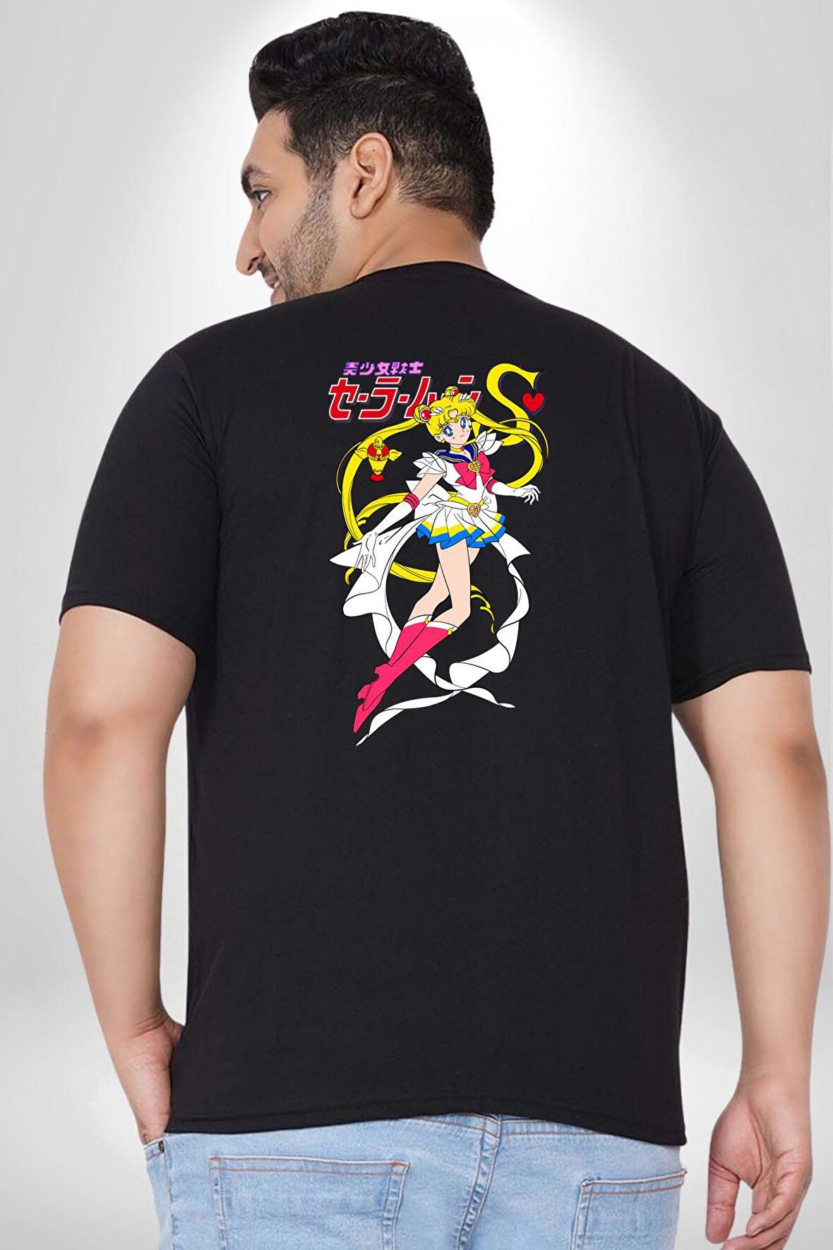 Sailor Moon Anime Usagi Tsukino Büyük Beden Siyah Tişört Kadın Erkek Ünisex Sırt Baskılı