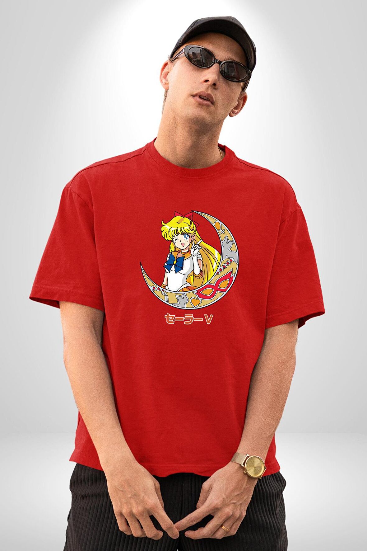Sailor Moon Ay Savaşcısı Anime Pamuklu Bisiklet Yaka Kadın Erkek Oversize Boyfriend Dijital Baskılı Kırmızı T-shirt
