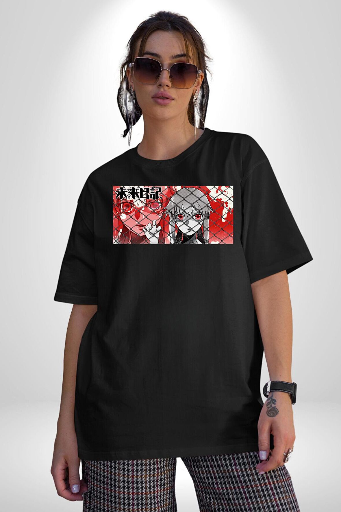 Japon Anime Mirai Nikki OST End Game Pamuklu Bisiklet Yaka Kadın Erkek Oversize Boyfriend Dijital Baskılı Siyah T-shirt