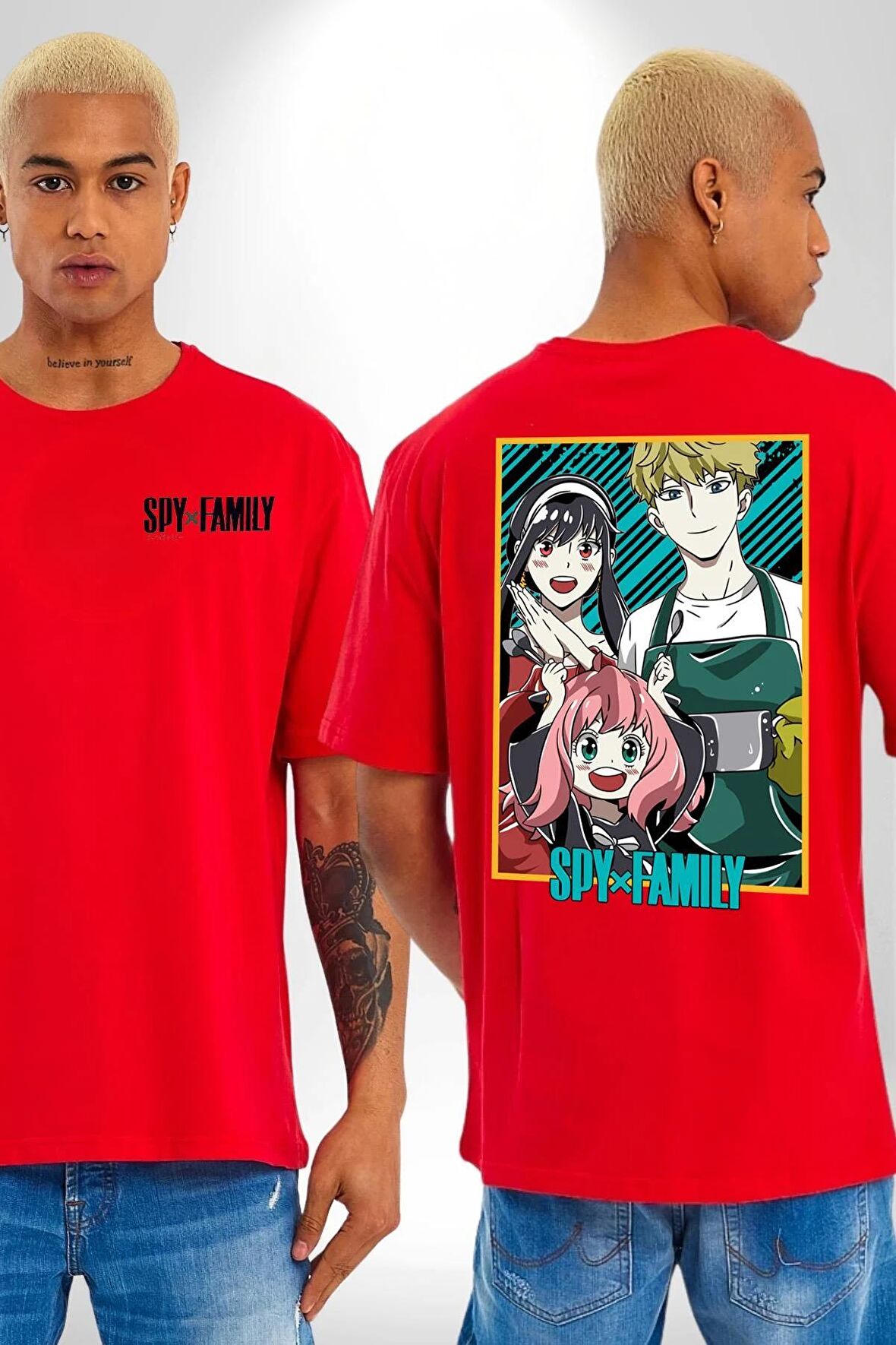 Spy X Family Anime Özel Tasarım Kırmızı Oversize Kadın Erkek Ön ve Sırt Baskılı Tişört