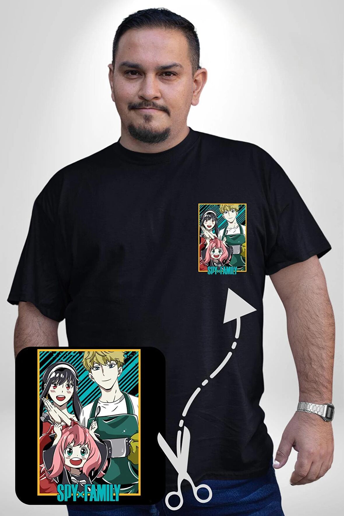 Spy X Family Anime Özel Tasarım Siyah Büyük Beden Kadın Basic Minimal Baskılı Tişört